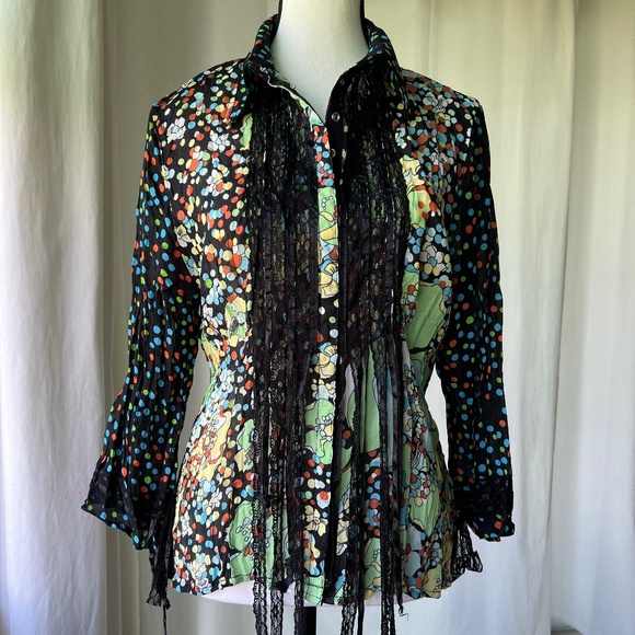 Women’s Blouse Colorful Polka Dot & Floral Print with Lace & Ribbon Accent - Picture 4 of 10
